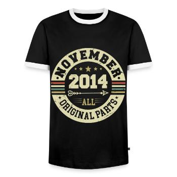 Millésime Novembre 2014 - Anniversaire Novembre 2014 - T-shirt contrasté Homme - noir/blanc - Devant - AI Model Female 172 light (172cm) & AI Model Male 178 light (178cm)