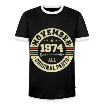 Vintage November 1974 - Birthday November 1974 - Men's Ringer Shirt - black/white - Front - AI Model Female 172 light (172cm) & AI Model Male 178 light (178cm)