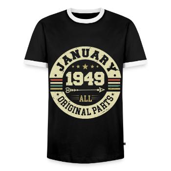 January 1949 - Geburtstag im Januar 1949 - Männer Kontrast-T-Shirt - Schwarz/Weiß - Vorne - AI Model Female 172 light (172cm) & AI Model Male 178 light (178cm)
