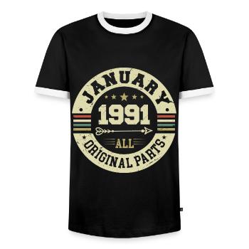 January 1991 - Geburtstag im Januar 1991 - Männer Kontrast-T-Shirt - Schwarz/Weiß - Vorne - AI Model Female 172 light (172cm) & AI Model Male 178 light (178cm)