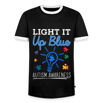 Light It Up Blue Autism Awareness Month T Shirt - Men's Ringer Shirt - black/white - Front - AI Model Female 172 light (172cm) & AI Model Male 178 light (178cm)