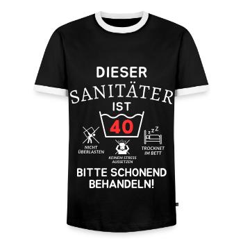This paramedic is 40. Treat gently - Men's Ringer Shirt - black/white - Front - AI Model Female 172 light (172cm) & AI Model Male 178 light (178cm)
