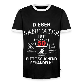 This paramedic is 50 years old. - Men's Ringer Shirt - black/white - Front - AI Model Female 172 light (172cm) & AI Model Male 178 light (178cm)