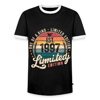 Birthday Gift 1997 Vintage 1997 Retro 1997 - Men's Ringer Shirt - black/white - Front - AI Model Female 172 light (172cm) & AI Model Male 178 light (178cm)