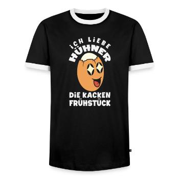 Ich liebe Hühner – die kacken Frühstück - Männer Kontrast-T-Shirt - Schwarz/Weiß - Vorne - AI Model Female 172 light (172cm) & AI Model Male 178 light (178cm)