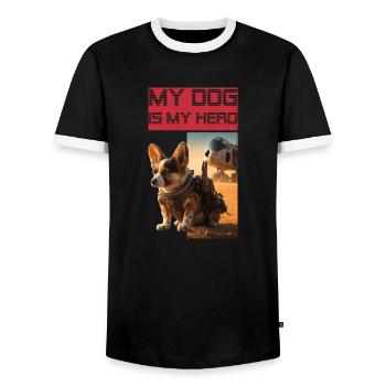 Welsh Corgi Pembroke as hero and watchdog - Men's Ringer Shirt - black/white - Front - AI Model Female 172 light (172cm) & AI Model Male 178 light (178cm)