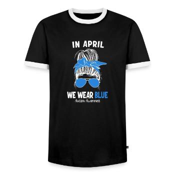 In April we wear Blue Autism Awareness - Men's Ringer Shirt - black/white - Front - AI Model Female 172 light (172cm) & AI Model Male 178 light (178cm)