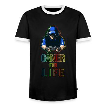 Gamer For Life Gift for Gamers & Gamers - Men's Ringer Shirt - black/white - Front - AI Model Female 172 light (172cm) & AI Model Male 178 light (178cm)