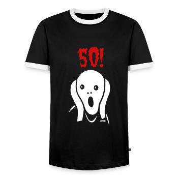 Scream 50 Birthday HARIZ Gift Round - Men's Ringer Shirt - black/white - Front - AI Model Female 172 light (172cm) & AI Model Male 178 light (178cm)