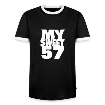 57 - Männer Kontrast-T-Shirt - Schwarz/Weiß - Vorne - AI Model Female 172 light (172cm) & AI Model Male 178 light (178cm)