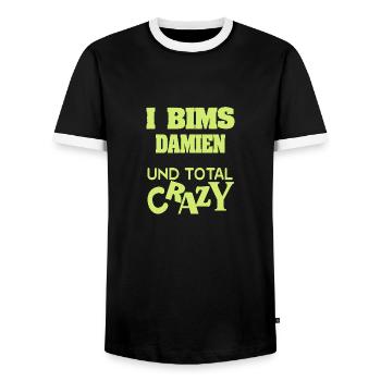 First name Damien - Men's Ringer Shirt - black/white - Front - AI Model Female 172 light (172cm) & AI Model Male 178 light (178cm)