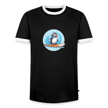 Pingouin surfeur mignon sur une planche de surf - T-shirt contrasté Homme - noir/blanc - Devant - AI Model Female 172 light (172cm) & AI Model Male 178 light (178cm)