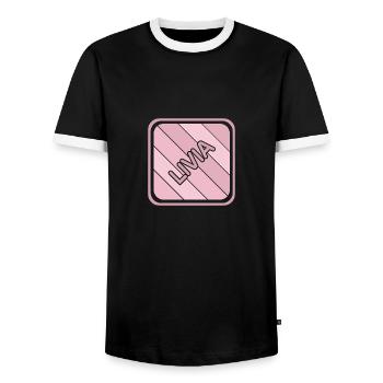 First name Livia - Men's Ringer Shirt - black/white - Front - AI Model Female 172 light (172cm) & AI Model Male 178 light (178cm)