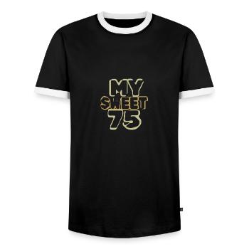 Age 75 - Men's Ringer Shirt - black/white - Front - AI Model Female 172 light (172cm) & AI Model Male 178 light (178cm)