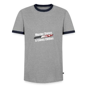 Murder Shows & Comfy Clothes - Männer Kontrast-T-Shirt - Grau/Navy  - Vorne - AI Model Female 172 light (172cm) & AI Model Male 178 light (178cm)