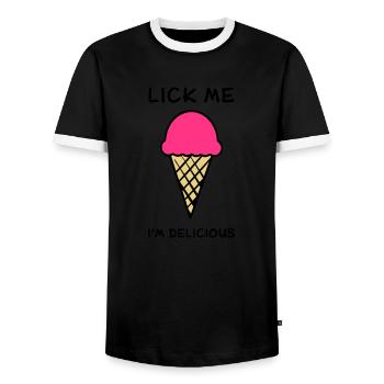 lick me i'm delicious - Männer Kontrast-T-Shirt - Schwarz/Weiß - Vorne - AI Model Female 172 light (172cm) & AI Model Male 178 light (178cm)