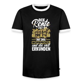 Die Rente ist da, ab ins Wohnmobil und die Welt - Männer Kontrast-T-Shirt - Schwarz/Weiß - Vorne - AI Model Female 172 light (172cm) & AI Model Male 178 light (178cm)