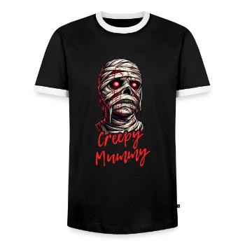 Happy Halloween Creepy Mummy Graphic Design - Men's Ringer Shirt - black/white - Front - AI Model Female 172 light (172cm) & AI Model Male 178 light (178cm)