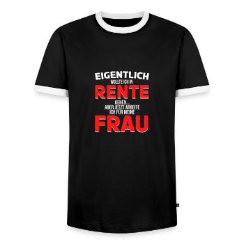Rente Frau Lustiger Spruch Rentner Pension - Männer Kontrast-T-Shirt - Schwarz/Weiß - Vorne - AI Model Female 172 light (172cm) & AI Model Male 178 light (178cm)