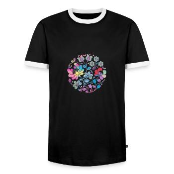 Hungarian flowers,floral,colorful flowers,tendrils,flower - Men's Ringer Shirt - black/white - Front - AI Model Female 172 light (172cm) & AI Model Male 178 light (178cm)