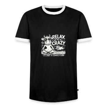 Entspannen Sie sich Wir sind alle verrückt Es ist - Männer Kontrast-T-Shirt - Schwarz/Weiß - Vorne - AI Model Female 172 light (172cm) & AI Model Male 178 light (178cm)