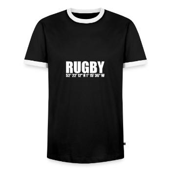 Rugby coordinates - Men's Ringer Shirt - black/white - Front - AI Model Female 172 light (172cm) & AI Model Male 178 light (178cm)