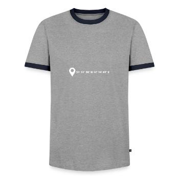 Dessau-Roßlau coordinates - Men's Ringer Shirt - grey/navy  - Front - AI Model Female 172 light (172cm) & AI Model Male 178 light (178cm)