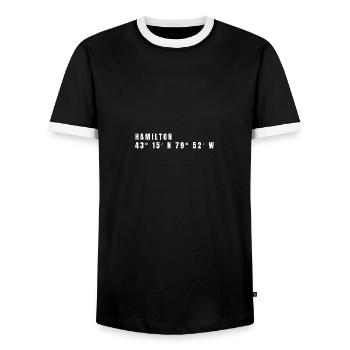Hamilton, Canada Coordinates - Men's Ringer Shirt - black/white - Front - AI Model Female 172 light (172cm) & AI Model Male 178 light (178cm)