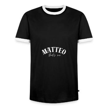 Matteo Name First Name Gifts - Men's Ringer Shirt - black/white - Front - AI Model Female 172 light (172cm) & AI Model Male 178 light (178cm)