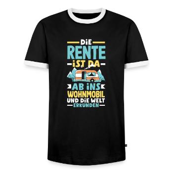 Die Rente ist da, ab ins Wohnmobil und die Welt - Männer Kontrast-T-Shirt - Schwarz/Weiß - Vorne - AI Model Female 172 light (172cm) & AI Model Male 178 light (178cm)