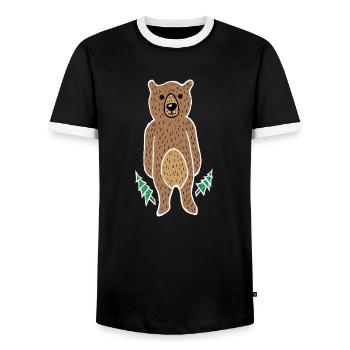 Funny & Cute Bear in the Forest (White Border) - Men's Ringer Shirt - black/white - Front - AI Model Female 172 light (172cm) & AI Model Male 178 light (178cm)