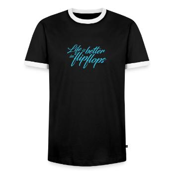 Life is better in flip flops - cyan - Men's Ringer Shirt - black/white - Front - AI Model Female 172 light (172cm) & AI Model Male 178 light (178cm)