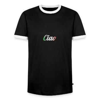 Hello - the real italian brand - Men's Ringer Shirt - black/white - Front - AI Model Female 172 light (172cm) & AI Model Male 178 light (178cm)