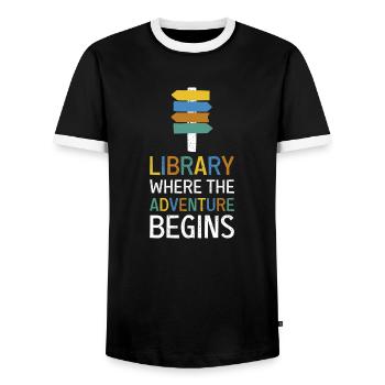 Adventure Begins At Your Library - Men's Ringer Shirt - black/white - Front - AI Model Female 172 light (172cm) & AI Model Male 178 light (178cm)
