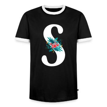 letter S flowered - Men's Ringer Shirt - black/white - Front - AI Model Female 172 light (172cm) & AI Model Male 178 light (178cm)