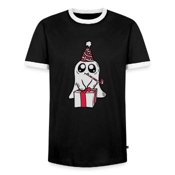 Little Ghost celebrates its birthday - Men's Ringer Shirt - black/white - Front - AI Model Female 172 light (172cm) & AI Model Male 178 light (178cm)