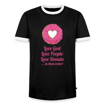 Love God, love people, love donuts ... in that ord - Men's Ringer Shirt - black/white - Front - AI Model Female 172 light (172cm) & AI Model Male 178 light (178cm)
