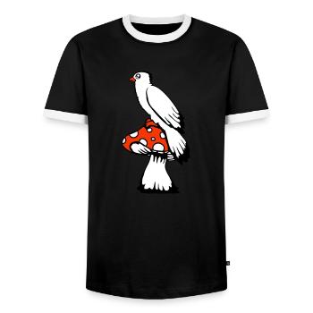 Bird sitting cute big mushroom dots toadstool - Men's Ringer Shirt - black/white - Front - AI Model Female 172 light (172cm) & AI Model Male 178 light (178cm)