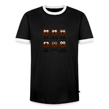 Funny Owls with Coffee Chart | T-shirts printing - Men's Ringer Shirt - black/white - Front - AI Model Female 172 light (172cm) & AI Model Male 178 light (178cm)