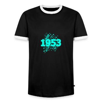 Jahr 1953 - Männer Kontrast-T-Shirt - Schwarz/Weiß - Vorne - AI Model Female 172 light (172cm) & AI Model Male 178 light (178cm)