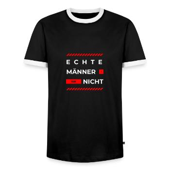 Echte Männer teilen nicht, zweideutiger Spruch - Männer Kontrast-T-Shirt - Schwarz/Weiß - Vorne - AI Model Female 172 light (172cm) & AI Model Male 178 light (178cm)