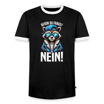 Avant que tu ne demandes, pas de raton laveur, mauvaise humeur - T-shirt contrasté Homme - noir/blanc - Devant - AI Model Female 172 light (172cm) & AI Model Male 178 light (178cm)