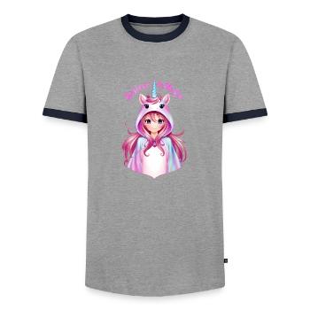Anime Girl in Unicorn Suit - Men's Ringer Shirt - grey/navy  - Front - AI Model Female 172 light (172cm) & AI Model Male 178 light (178cm)