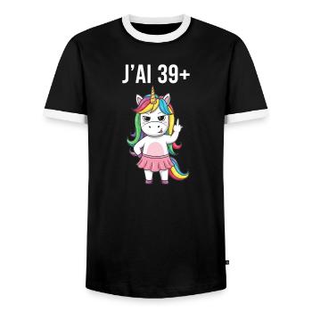 J'Ai 39 Plus 1 Licorne Humour Anniversaire Femme  - T-shirt contrasté Homme - noir/blanc - Devant - AI Model Female 172 light (172cm) & AI Model Male 178 light (178cm)