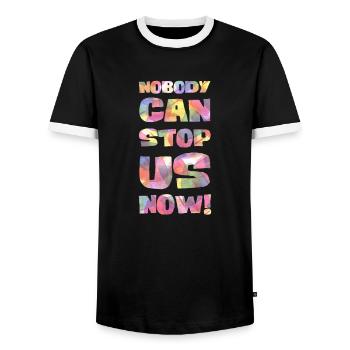 Nobody can stop us now! - Men's Ringer Shirt - black/white - Front - AI Model Female 172 light (172cm) & AI Model Male 178 light (178cm)