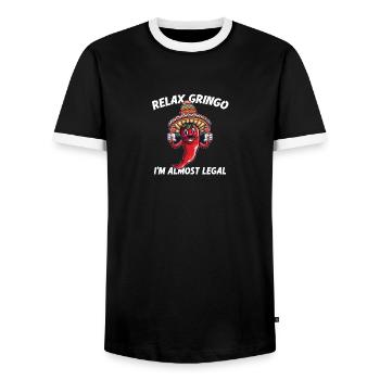 Relax Gringo I'm Almost Legal - Funny Mexican - Men's Ringer Shirt - black/white - Front - AI Model Female 172 light (172cm) & AI Model Male 178 light (178cm)
