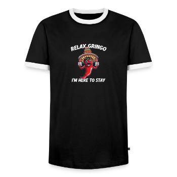 Relax Gringo I'm Almost Legal - Funny Mexican - Men's Ringer Shirt - black/white - Front - AI Model Female 172 light (172cm) & AI Model Male 178 light (178cm)