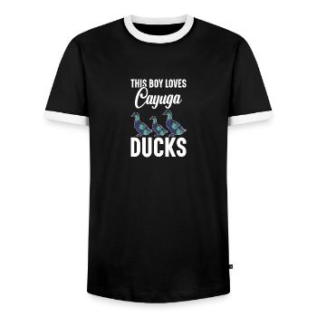 Cayuga Duck Stuffed Animal Food Enclosure Cayuga - Men's Ringer Shirt - black/white - Front - AI Model Female 172 light (172cm) & AI Model Male 178 light (178cm)
