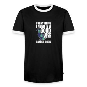 Cayuga Duck Lover Food Stuffed Animal Enclosure - Men's Ringer Shirt - black/white - Front - AI Model Female 172 light (172cm) & AI Model Male 178 light (178cm)