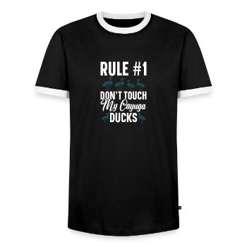 Cayuga Duck Stuffed Animal Food Enclosure Cayuga - Men's Ringer Shirt - black/white - Front - AI Model Female 172 light (172cm) & AI Model Male 178 light (178cm)